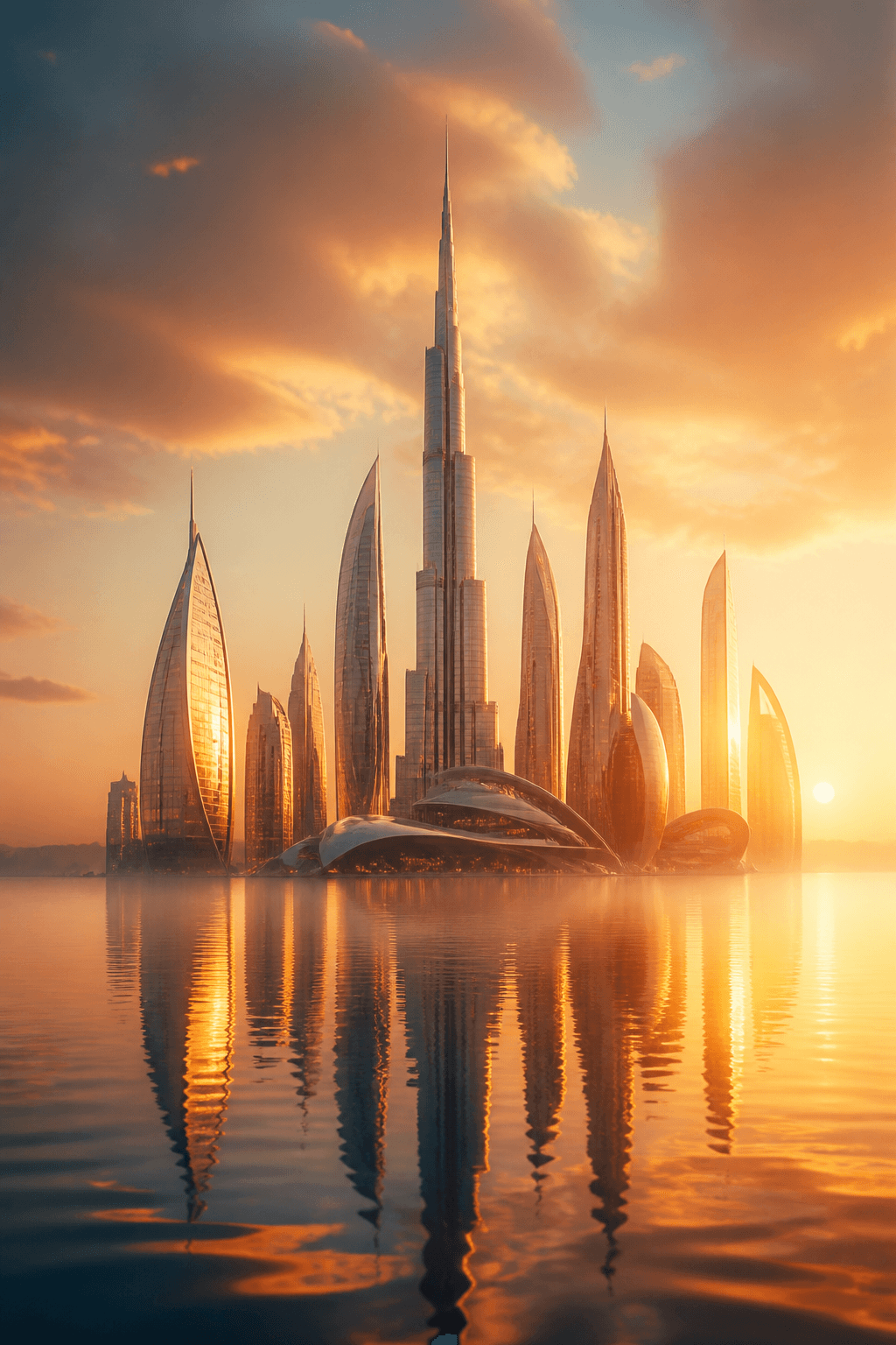 Dreamlike future city rising from calm water at golden hour