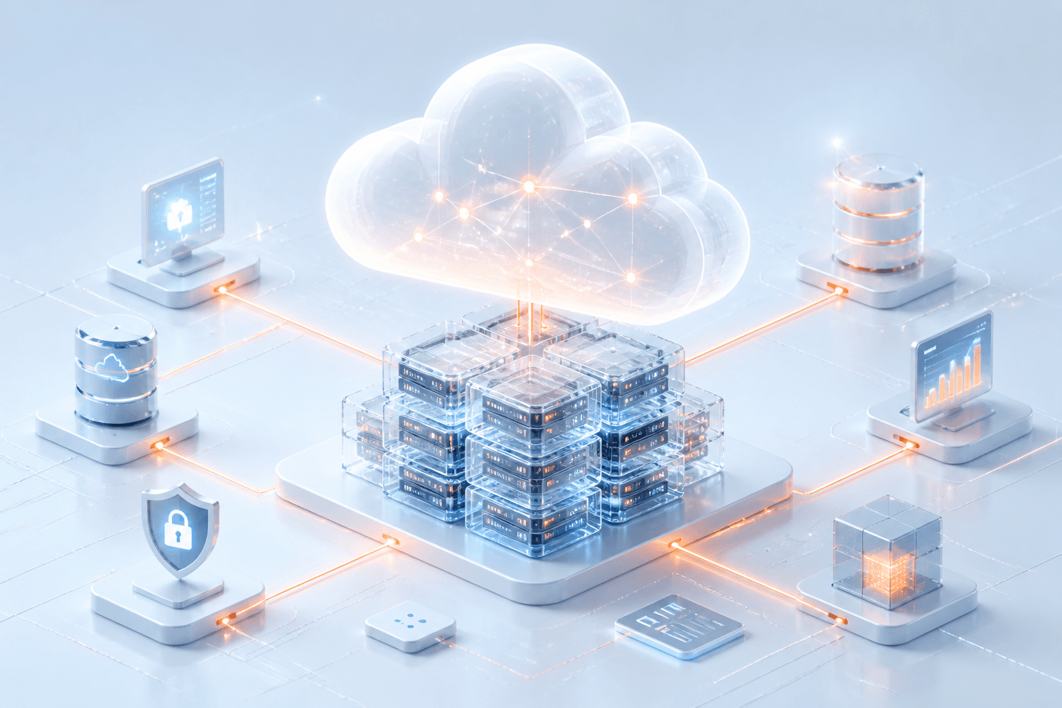 Cloud of light above glass server cubes