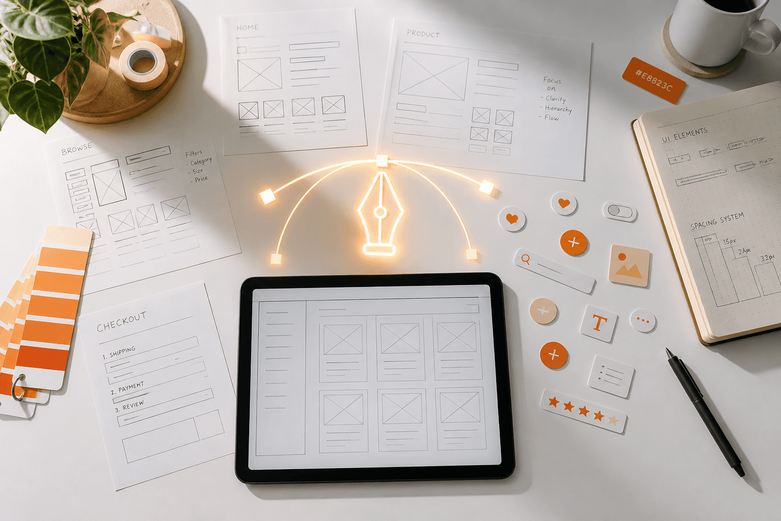 UI UX design table with wireframes, color chips, and a pen tool