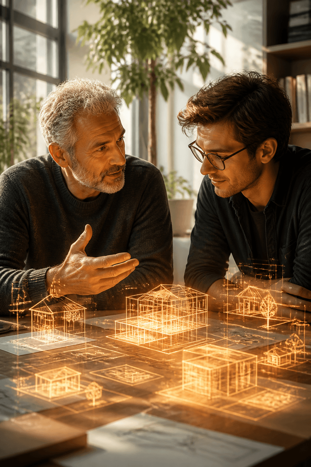 Mentor and builder working at a holographic table